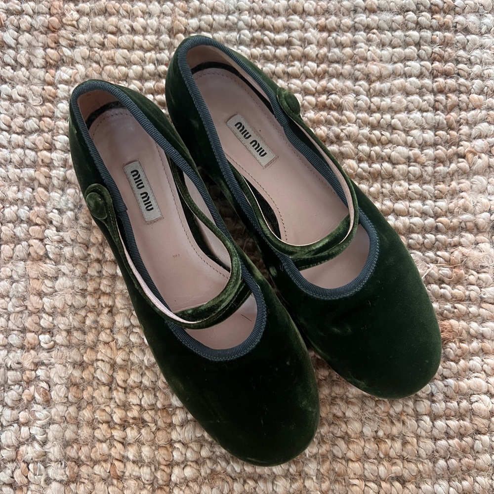 Miu Miu Dark Green Velvet Mary Jane Flats